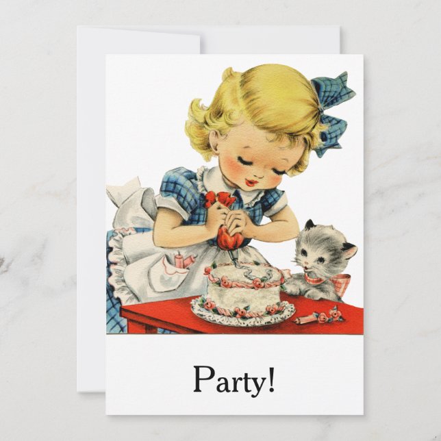 Retro Birthday Girl Cake Cat Children Artwork Invitation (Back)