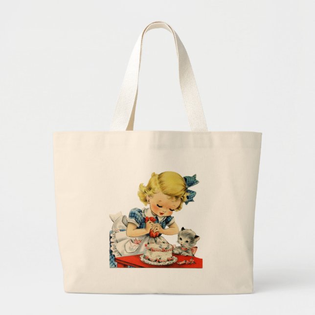 Retro Birthday Girl Cake Cat Children Artwork Large Tote Bag (Front)