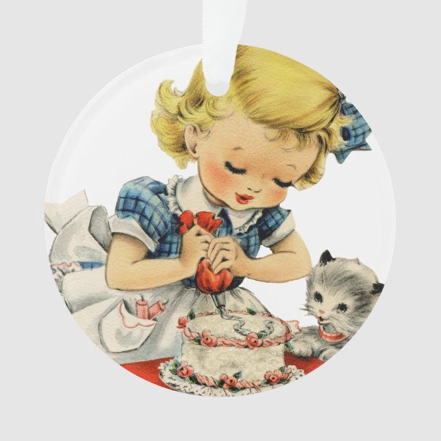 Retro Birthday Girl Cake Cat Children Artwork Ornament (Front)