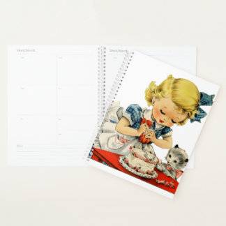 Retro Birthday Girl Cake Cat Children Artwork Planner