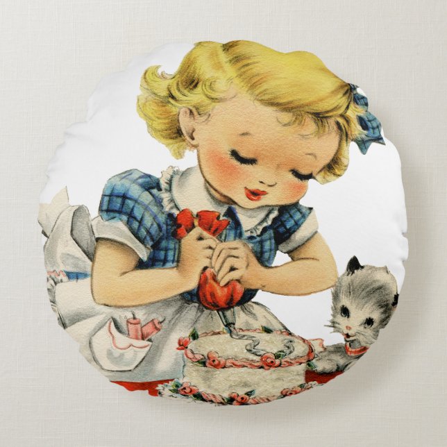 Retro Birthday Girl Cake Cat Children Artwork Round Cushion (Front)