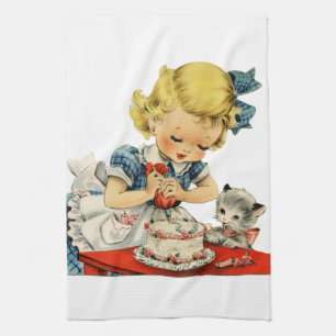 Retro Birthday Girl Cake Cat Children Artwork Tea Towel