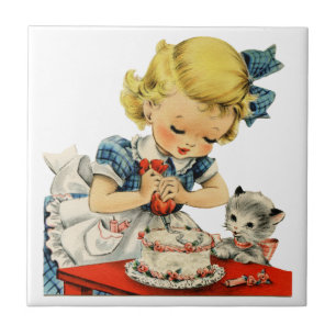 Retro Birthday Girl Cake Cat Children Artwork Tile