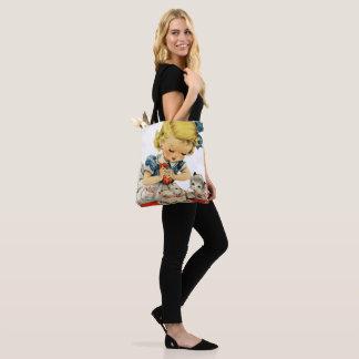 Retro Birthday Girl Cake Cat Children Artwork Tote Bag