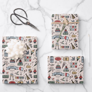 Retro Birthday Pattern Wrapping Paper Sheet