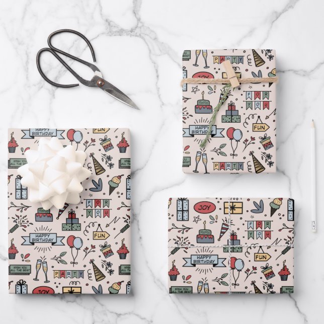 Retro Birthday Pattern Wrapping Paper Sheet (Front)