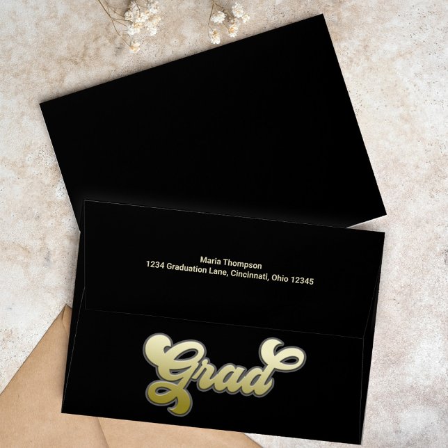 Retro Black and Gold Graduation Custom Envelope (Graduation gold gradient typography envelope with return address on the back flap. )