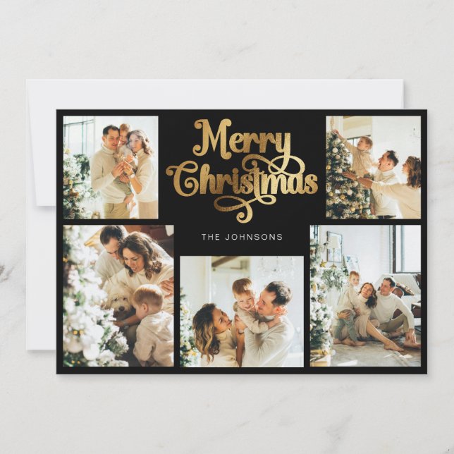 Retro Black and Gold Merry Christmas Family Photo Holiday Card (Front)