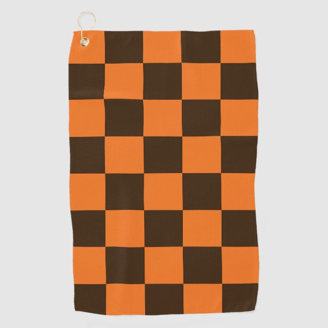 Retro Black and Orange  Chequered Squares Pattern Golf Towel (Front)