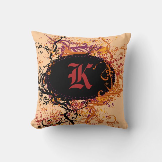 Retro Black and orange Pattern Monogram K Cushion (Front)