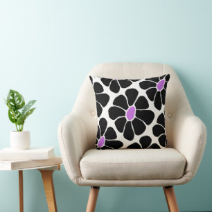 Retro Black and Purple Daisy Pattern Cushion