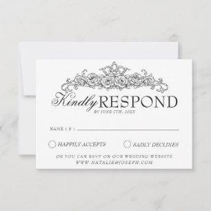 Retro Black And White Botanical Old Money Wedding RSVP Card