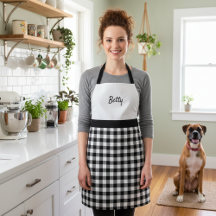 Retro Black and White Buffalo Plaid Apron w/ Name