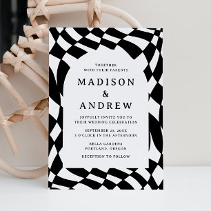 Retro Black and White Chequerboard Wedding Invitation