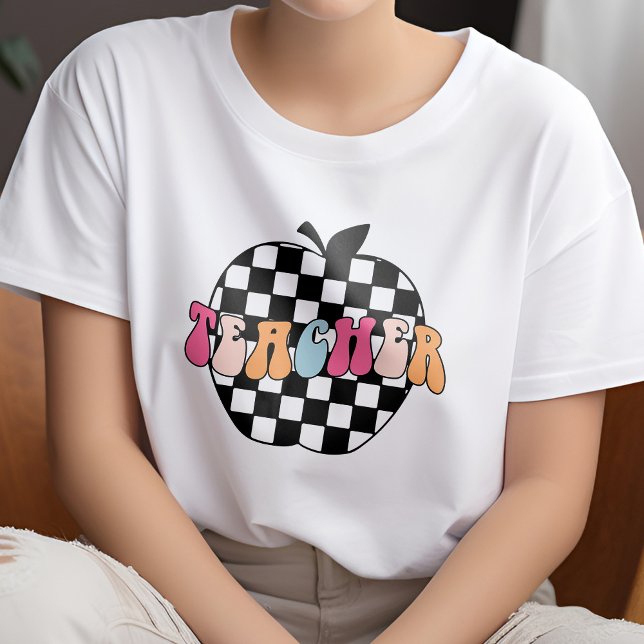 Retro Black and White Chequered Apple Teacher T-Shirt (Creator Uploaded)
