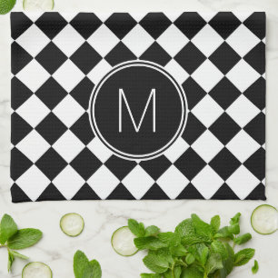 Retro Black and White Chequered Check Tea Towel