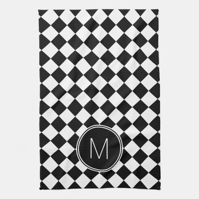 Retro Black and White Chequered Check Tea Towel (Vertical)