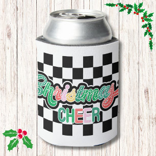 Retro Black and White Chequered Christmas Cheer  Can Cooler