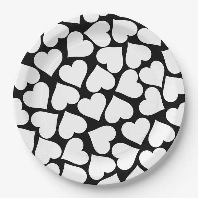Retro Black and White Heart Pattern Paper Plate (Front)