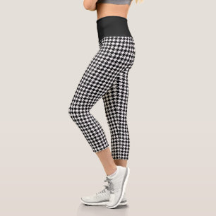 Retro Black and White Houndstooth Pattern Capri Leggings