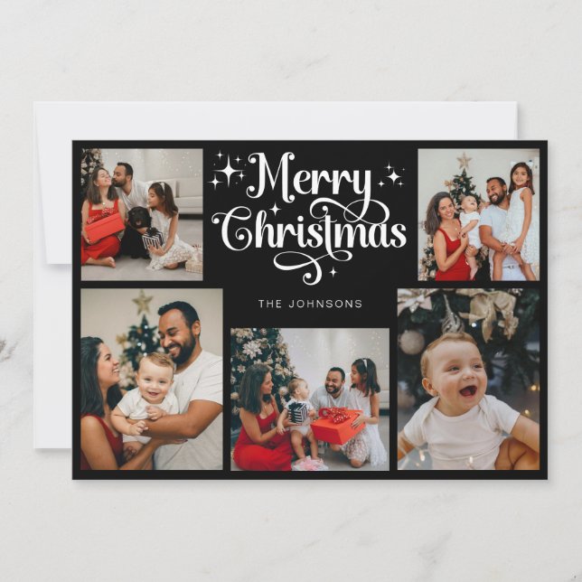 Retro Black and White Merry Christmas Family Photo Holiday Card (Front)