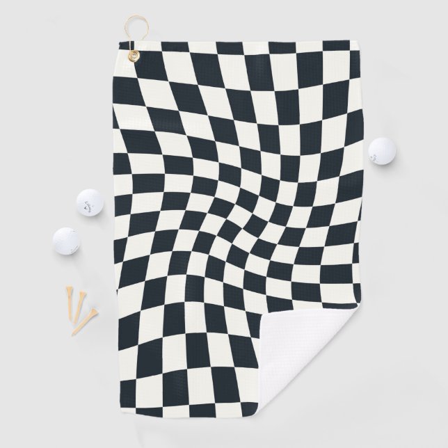 Retro Black And White Pastel Warped Chequerboard Golf Towel (InSitu)