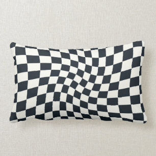 Retro Black And White Pastel Warped Chequerboard Lumbar Cushion