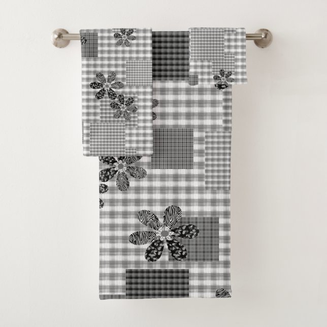 Retro black and white patchwork rustic pattern bath towel set (Insitu)