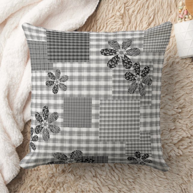 Retro black and white patchwork rustic pattern cushion (Blanket)