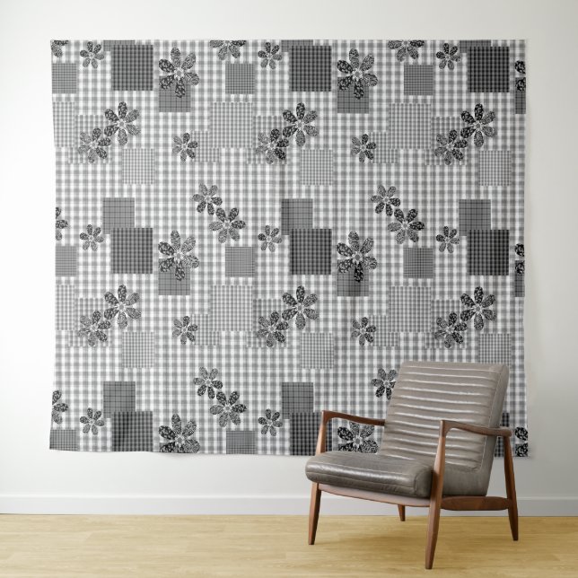 Retro black and white patchwork rustic pattern tapestry (In Situ (Horizontal))