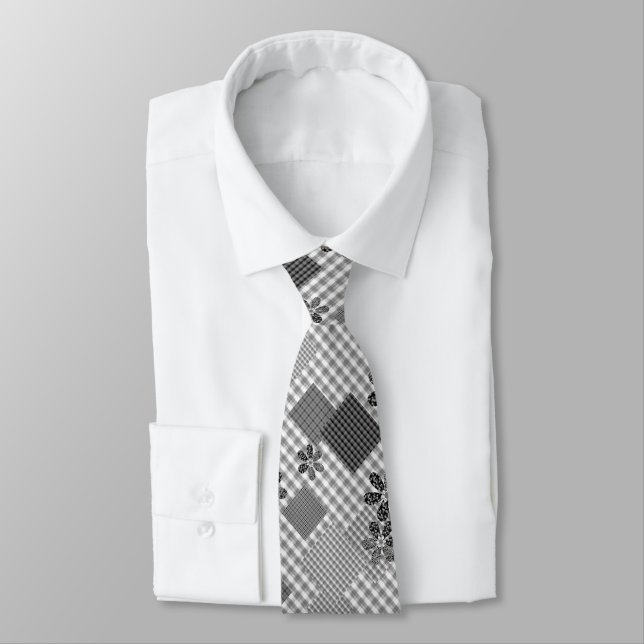 Retro black and white patchwork rustic pattern tie (Tied)