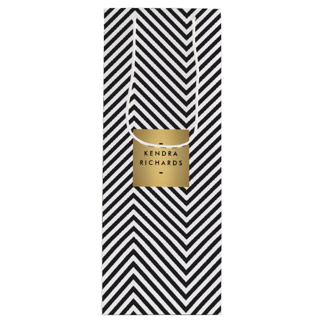 Retro Black and White Pattern Gold Name Logo Wine  Gift Bag (Front)