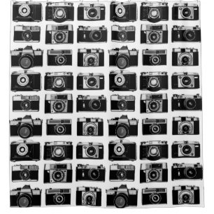 RETRO BLACK AND WHITE PHOTO CAMERAS PATTERN SHOWER CURTAIN