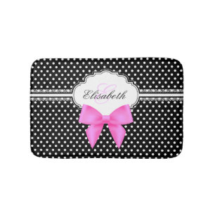 Retro black and white polka dot pink bow monogram bath mat