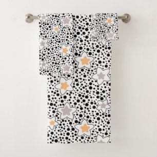 Retro black and white polka dots with stars bath towel set