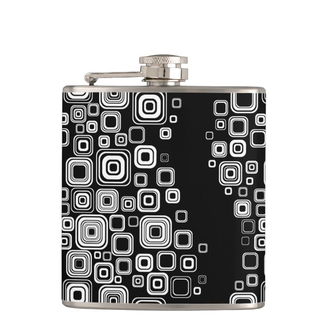 Retro black and white squares hip flask (Front)