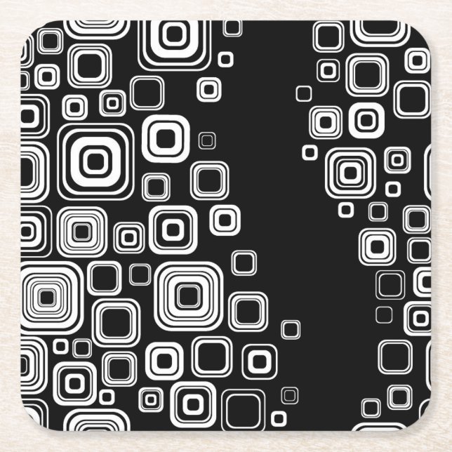 Retro black and white squares square paper coaster (Front)