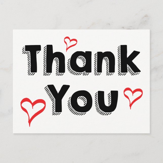 Retro Black And White Thank You Red Love Hearts Postcard (Front)