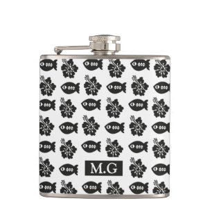 Retro Black and White Tiki Pattern Monogram Hip Flask