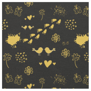 Retro black and yellow pattern of birds, dot fabric