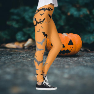 Retro Black Bats pumpkins Girlie Minimal Halloween Leggings