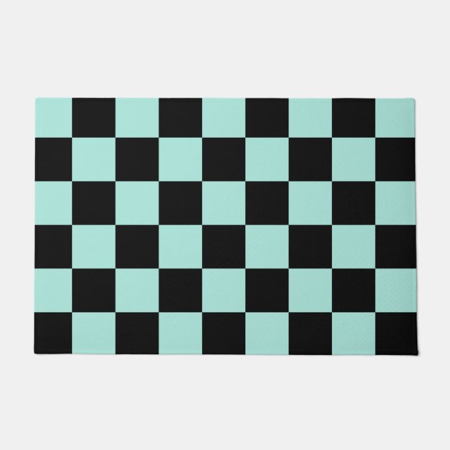 Retro Black Blue Checks Chequerboard Pattern    Doormat (Front)