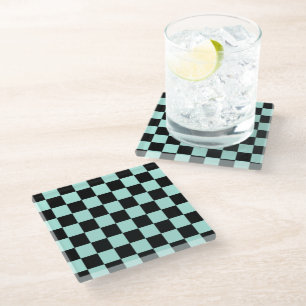 Retro Black Blue Checks Chequerboard Pattern   Glass Coaster