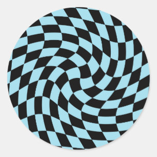 Retro Black Blue Warped Checks Chequered Classic Round Sticker