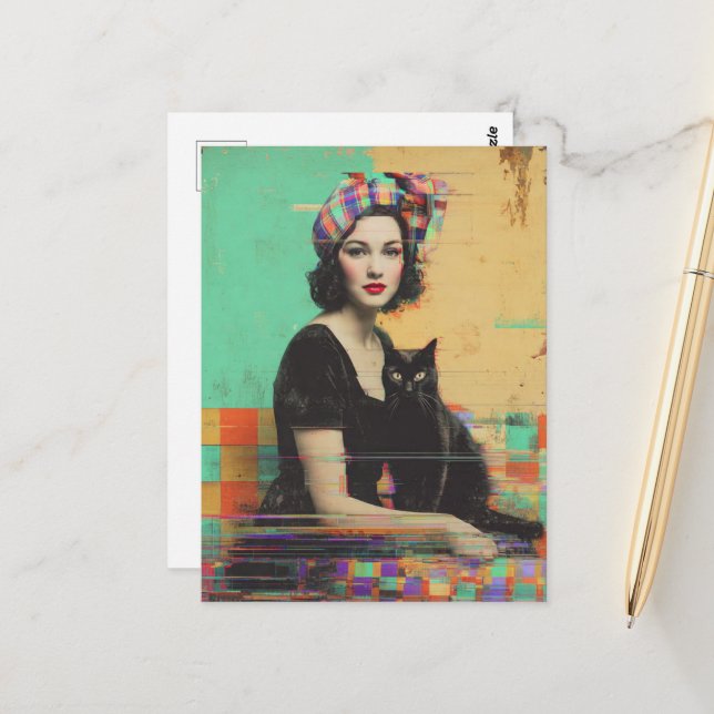 Retro Black Cat and a Lady Glitch Postcard (Front/Back In Situ)