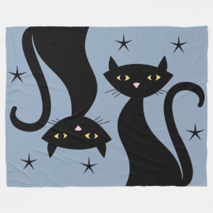 Retro Black Cat, blue Fleece Blanket