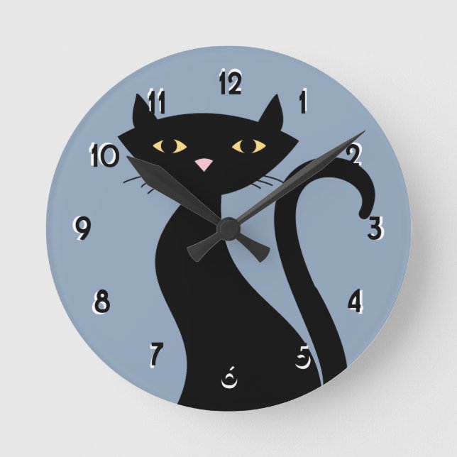 Retro Black Cat blue Round Clock (Front)
