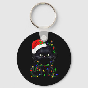 Retro Black Cat Christmas Light Funny Cat Men Wome Key Ring