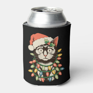 Retro Black Cat Christmas Lights Funny Xmas Santa Can Cooler