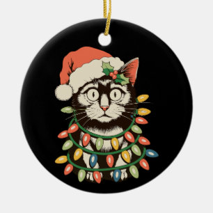 Retro Black Cat Christmas Lights Funny Xmas Santa Ceramic Tree Decoration